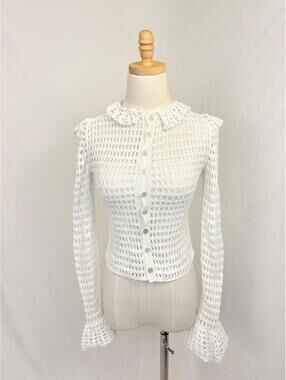 Vintage 70s White Open Knit Ruffle Cardigan Crochet Victorian Top XS Hand Knit